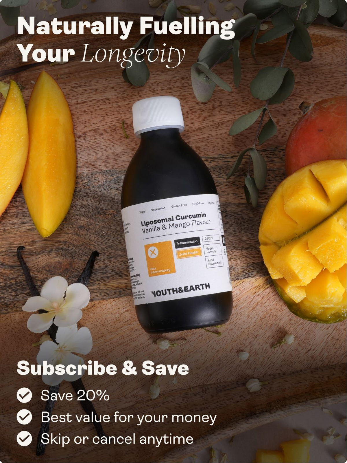 Liposomal Curcumin 200mg – Vanilla & Mango Flavour, 250ml - Youth & Earth UK Store - Liposomal Curcumin