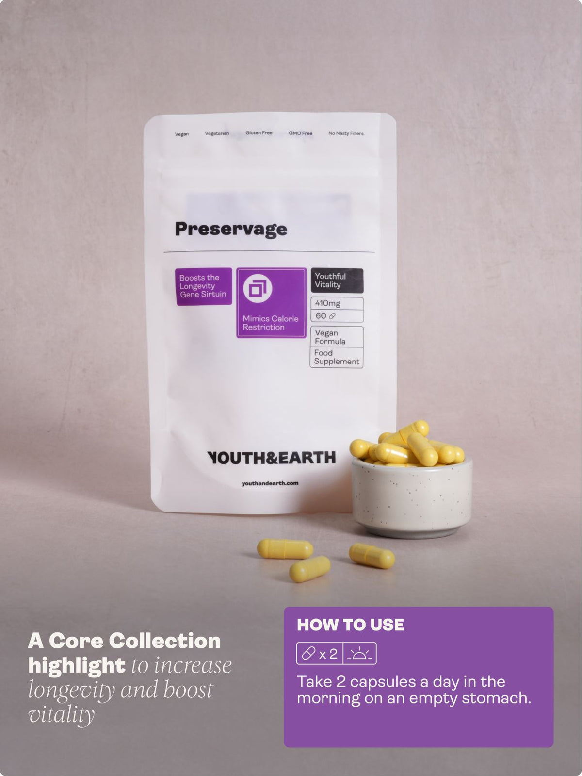 Preservage (Trans-Resveratrol, Curcumin, Quercetin, BioPerine) – 410mg, 60 Capsules - Youth & Earth UK Store - Sirtuin Activator