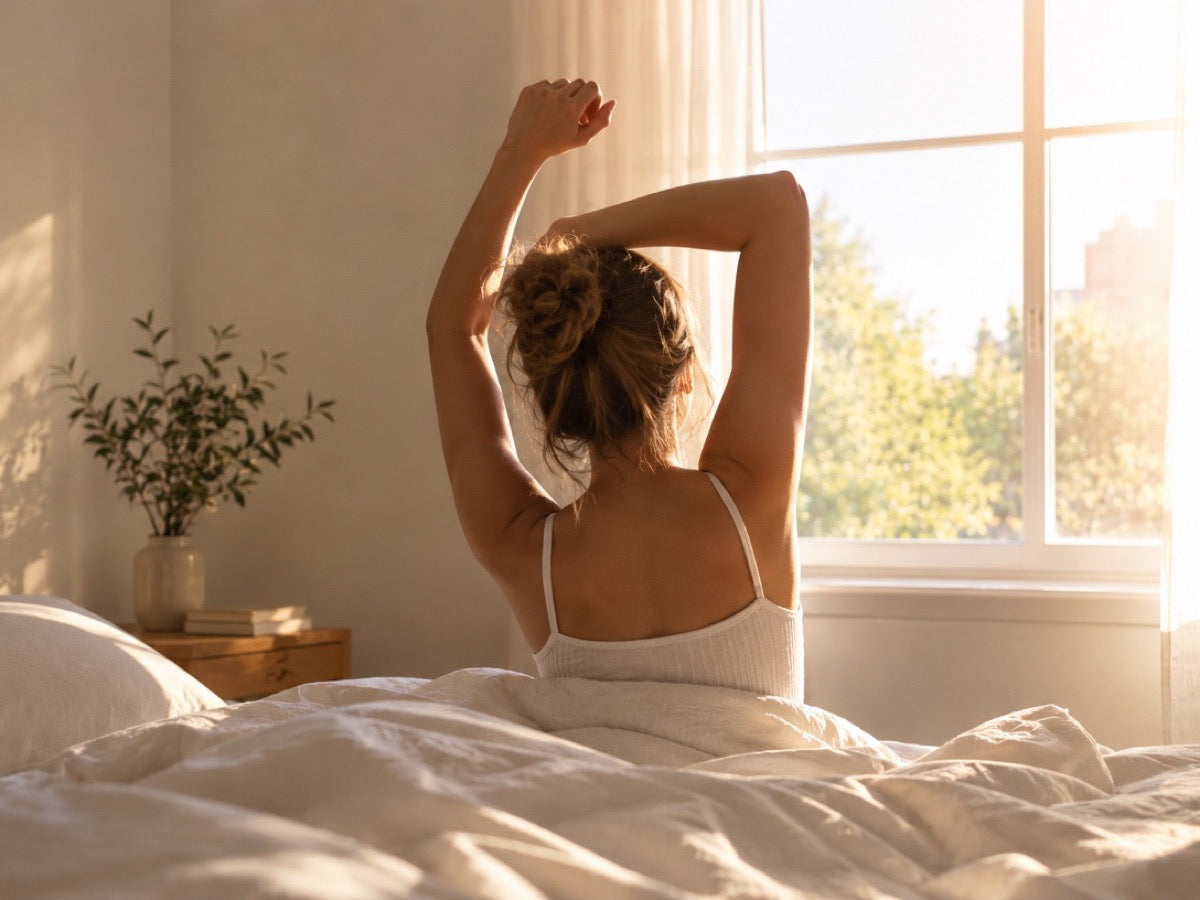 Woman stretching in bed in a bright, sunny bedroom