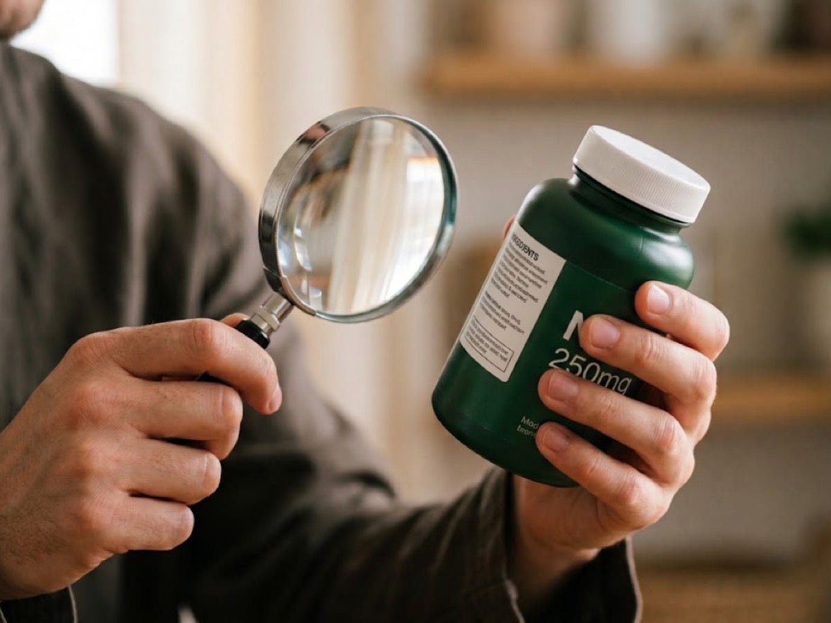 Person inspecting a supplement label with a magnifying glass