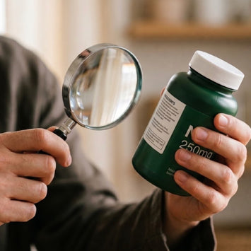 Person inspecting a supplement label with a magnifying glass