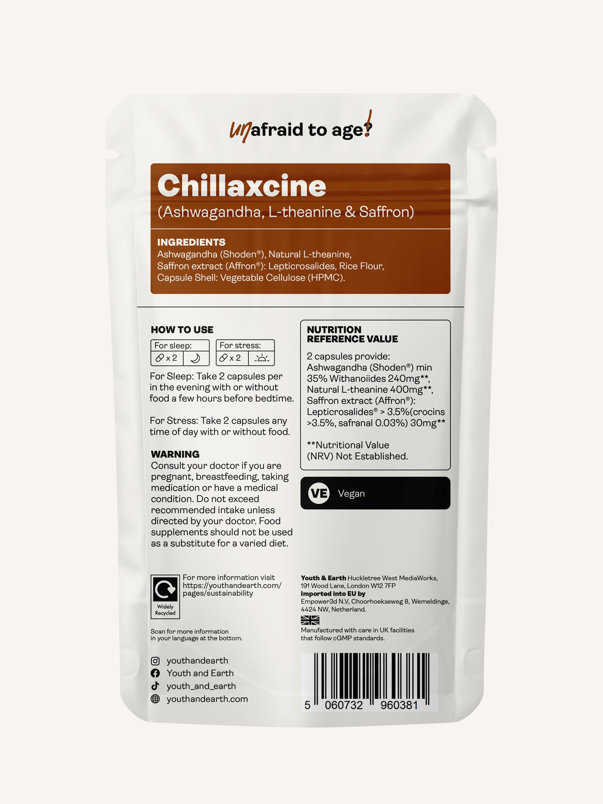 CHILLAXCINE (Ashwagandha, L-theanine &amp; Saffron) 335mg, 60 Capsules - Youth &amp; Earth UK Store - Ashwagandha, L-theanine &amp; Saffron
