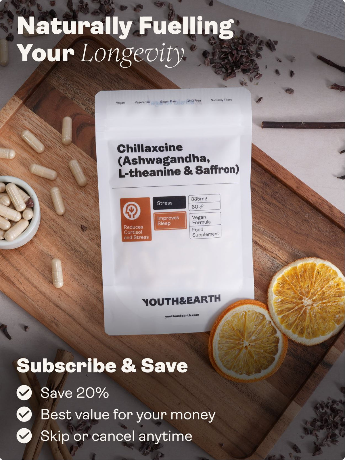 CHILLAXCINE (Ashwagandha, L-theanine &amp; Saffron) 335mg, 60 Capsules - Youth &amp; Earth UK Store - Ashwagandha, L-theanine &amp; Saffron