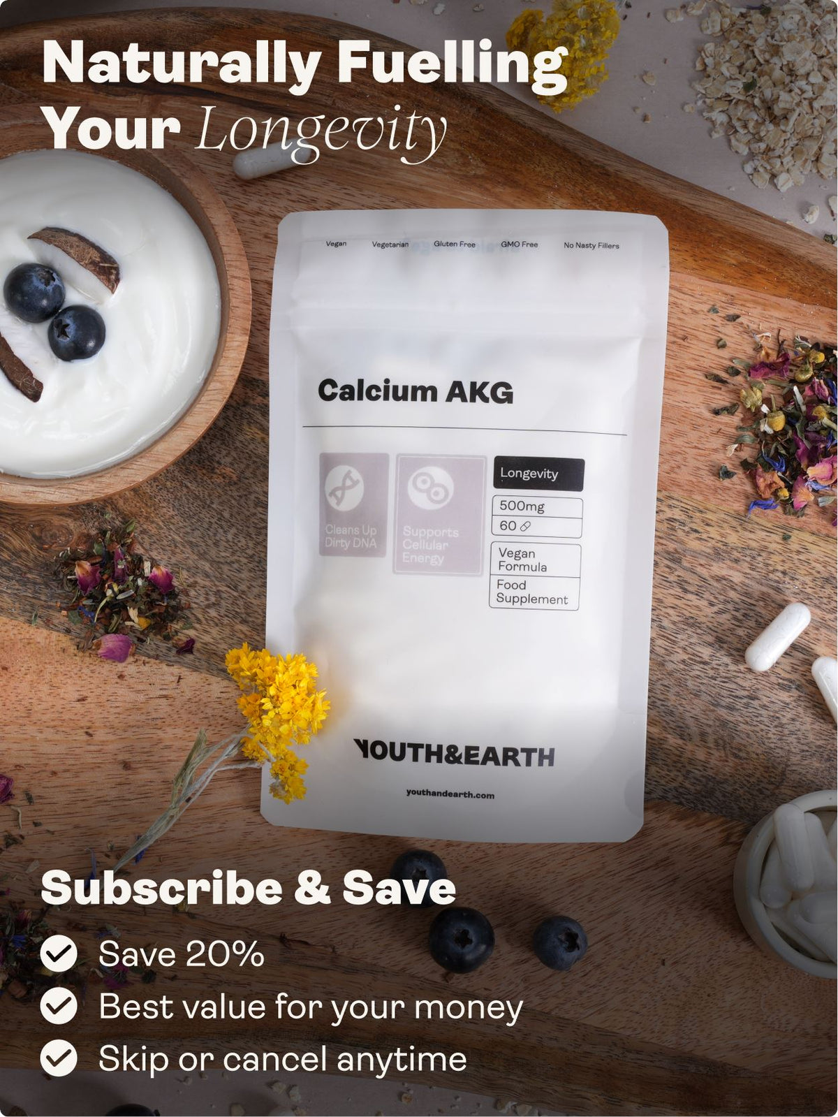 Calcium Alpha Keto-Glutarate (AKG) 500mg x 60 Capsules - Youth &amp; Earth UK Store - Calcium Alpha Keto-Gluterate