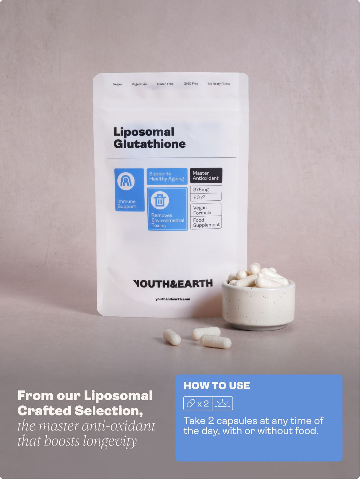 Liposomal Glutathione – 375mg, 60 Capsules - Youth &amp; Earth UK Store - Skin &amp; Hair