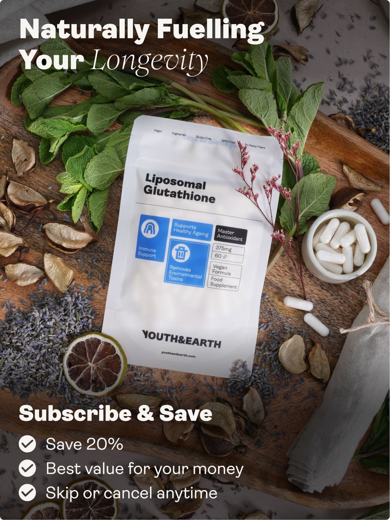 Liposomal Glutathione – 375mg, 60 Capsules - Youth & Earth UK Store - Skin & Hair