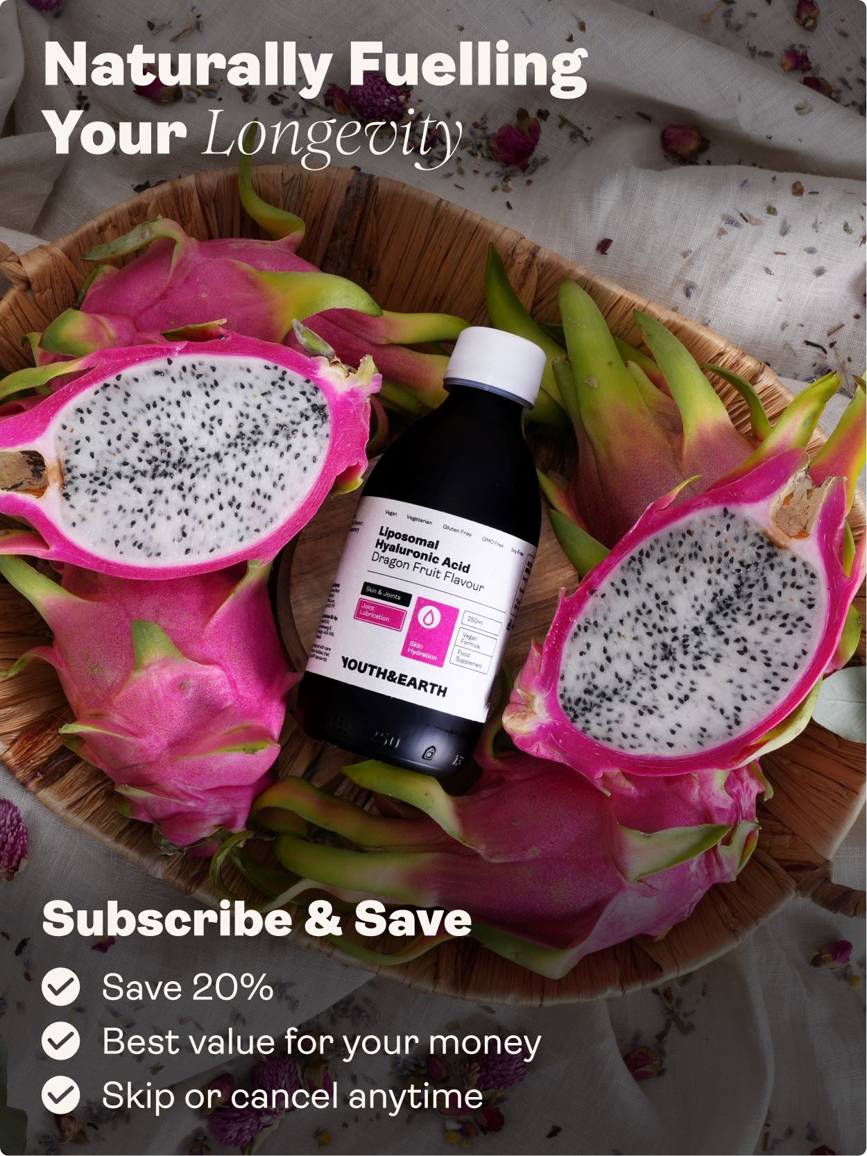 Liposomal Hyaluronic Acid 100mg – Dragon Fruit Flavour, 250ml - Youth & Earth UK Store - Liposomal Products