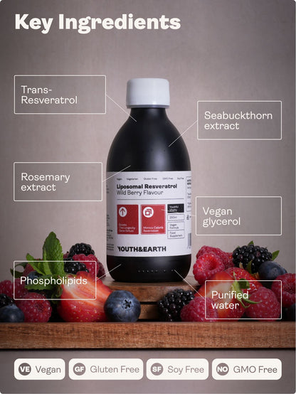 Liposomal Resveratrol 200mg (Wild Berry Flavour, 250ml) - Youth & Earth UK Store - Vitamins & Supplements
