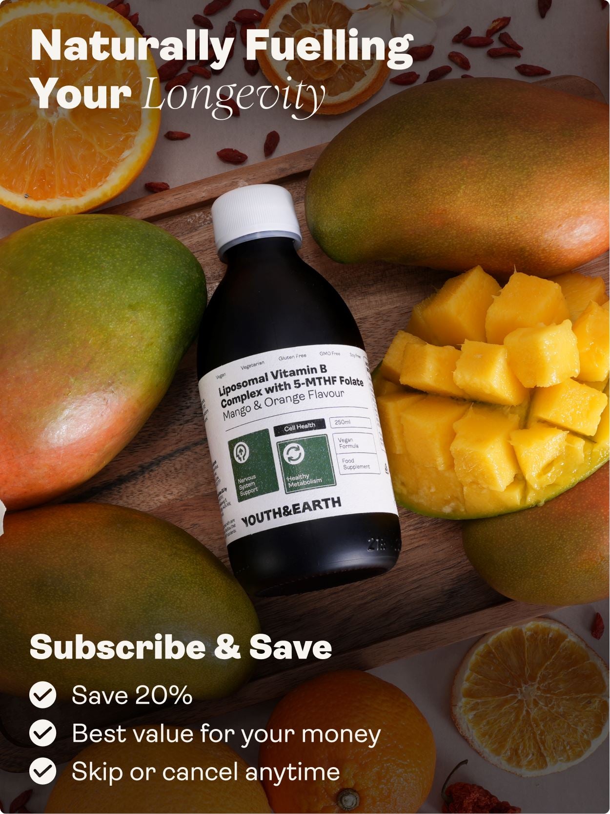 Liposomal Vitamin B Complex with 5-MTHF Folate (Mango & Orange Flavour, 250ml) - Youth & Earth UK Store - 