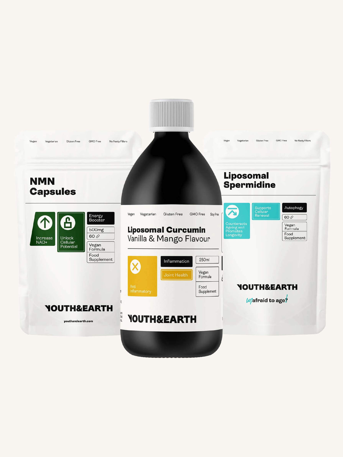 Longevity Essentials Trio (NMN & Liposomal Spermidine & Liposomal Curcumin) - Youth & Earth UK Store - 