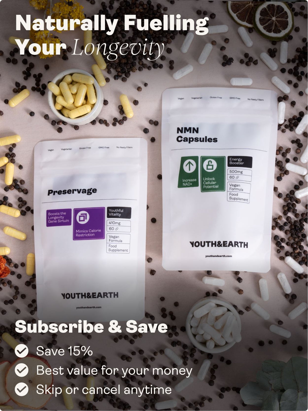 Longevity Support Bundle (NMN &amp; Preservage / NMN &amp; Liposomal Resveratrol) - Youth &amp; Earth UK Store - 