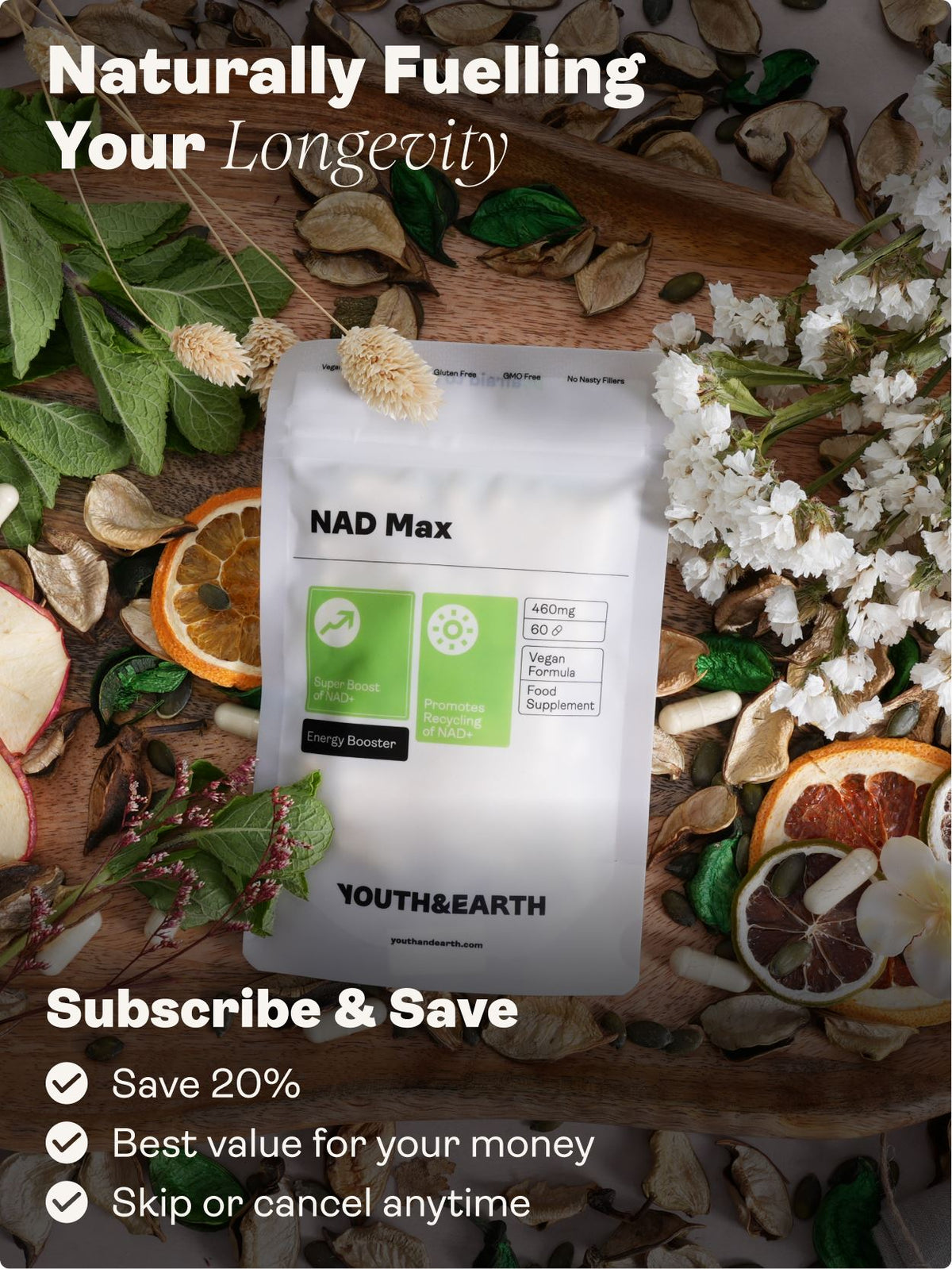 NAD Max - 460mg, 60 Capsules - youthandearth - 