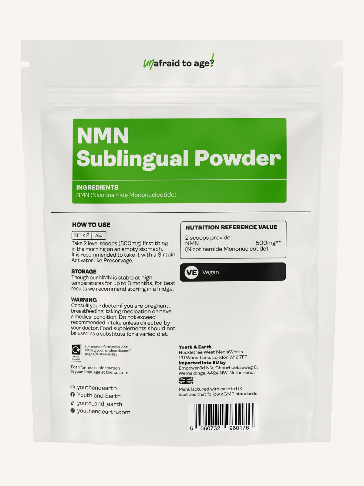 NMN Nicotinamide Mononucleotide Sublingual Powder - Youth &amp; Earth UK Store - 