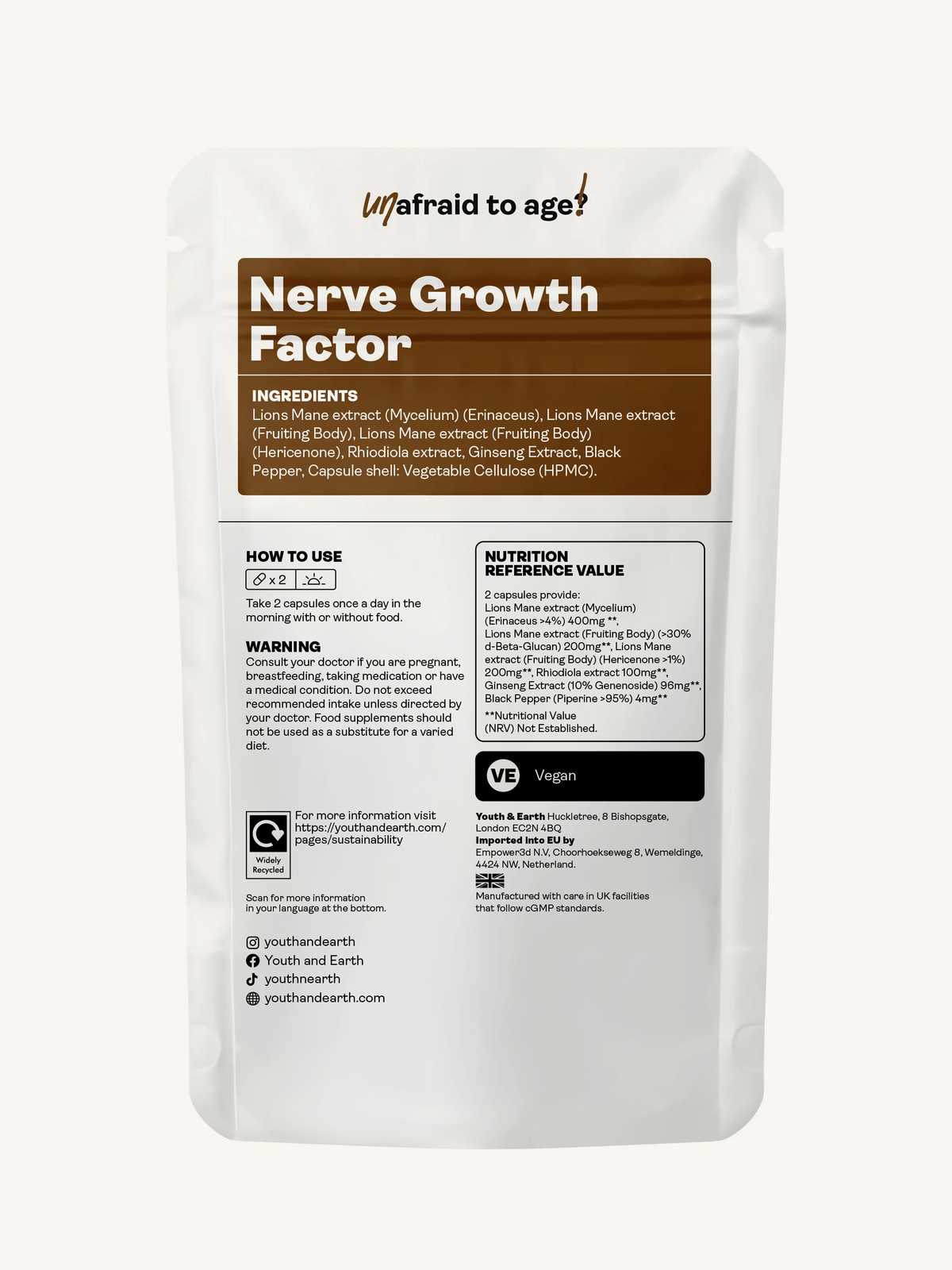 Nerve Growth Factor (Lion's Mane Erinacines, Hericenones , Rhodiola, Ginseng, Bioperine) – 500mg, 60 Capsules