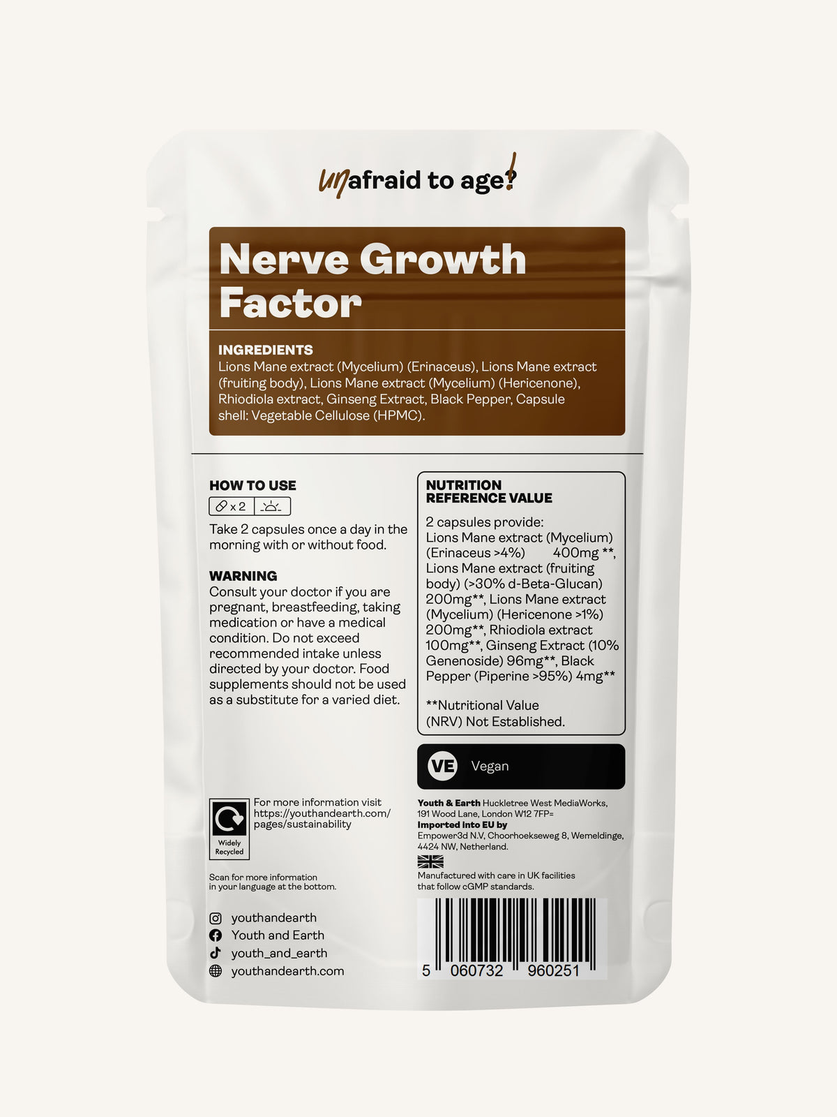 Nerve Growth Factor (Full Spectrum Lion&#39;s Mane Mushroom, Rhodiola, Ginseng, Bioperine) – 500mg, 60 Capsules - Youth &amp; Earth UK Store - 