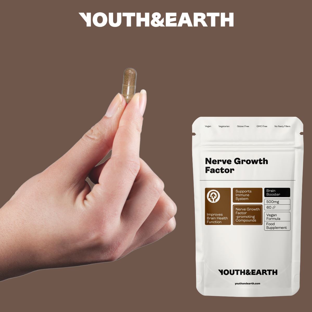 Nerve Growth Factor (Lion's Mane Erinacines, Hericenones , Rhodiola, Ginseng, Bioperine) – 500mg, 60 Capsules - Youth & Earth UK Store - 