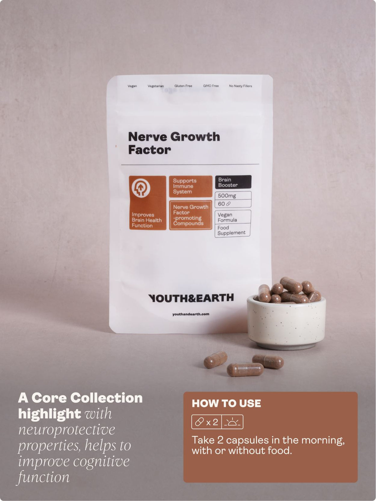 Nerve Growth Factor (Lion's Mane Erinacines, Hericenones , Rhodiola, Ginseng, Bioperine) – 500mg, 60 Capsules - Youth & Earth UK Store - 