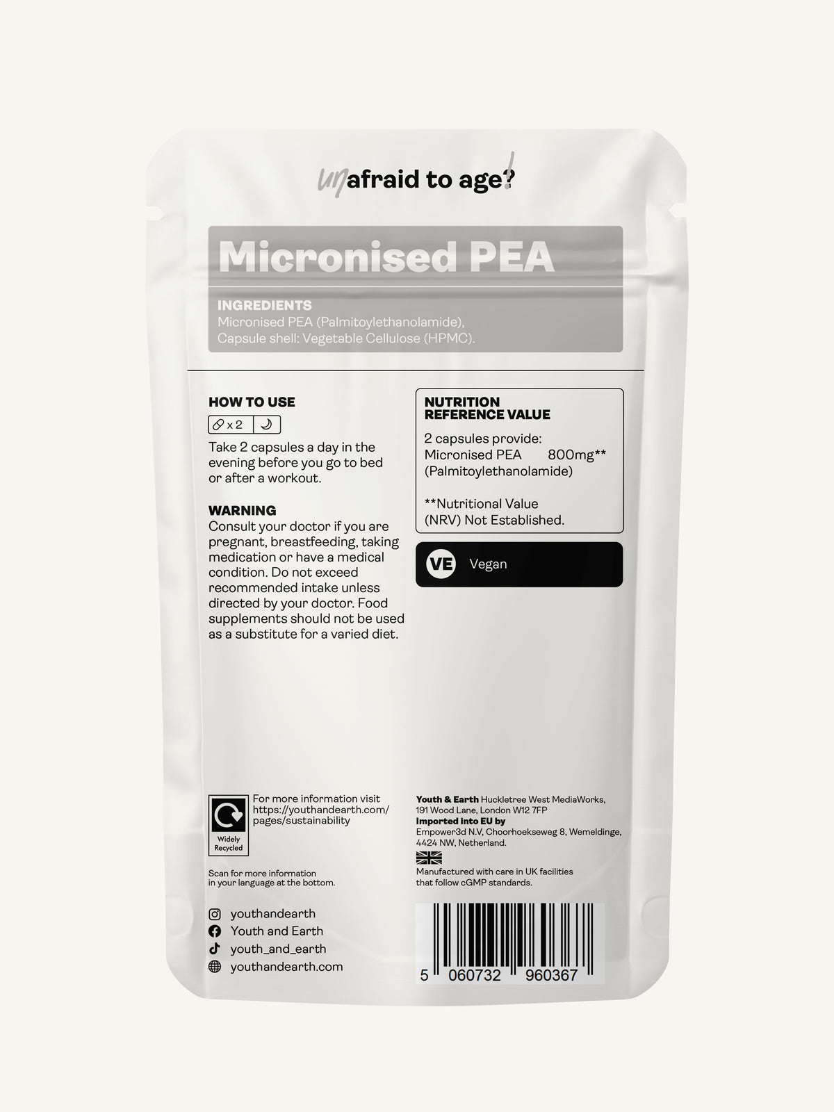 PEA (Palmitoylethanolamide) Micronised – 400mg, 60 Capsules - Youth &amp; Earth UK Store - Vitamins &amp; Supplements