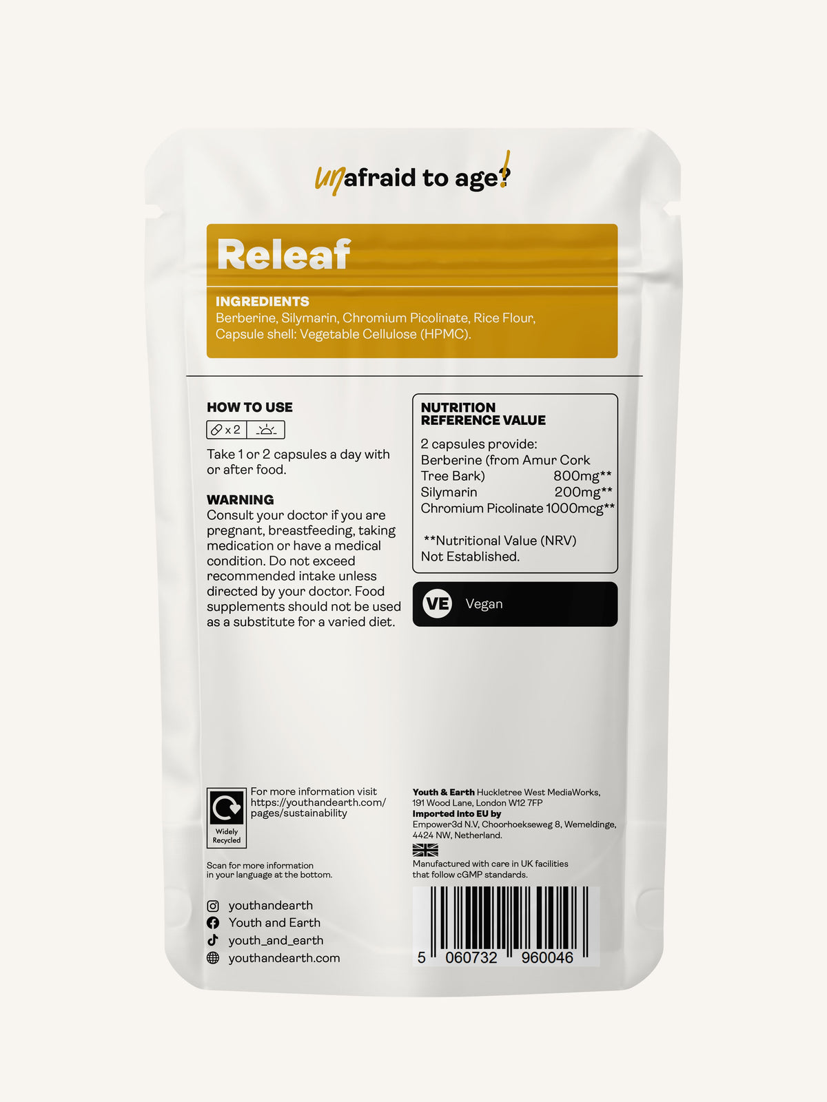 Releaf (Berberine, Silymarin, Chromium Picolinate) 500.5mg, 60 Capsules - Youth &amp; Earth UK Store - Blood Sugar Support