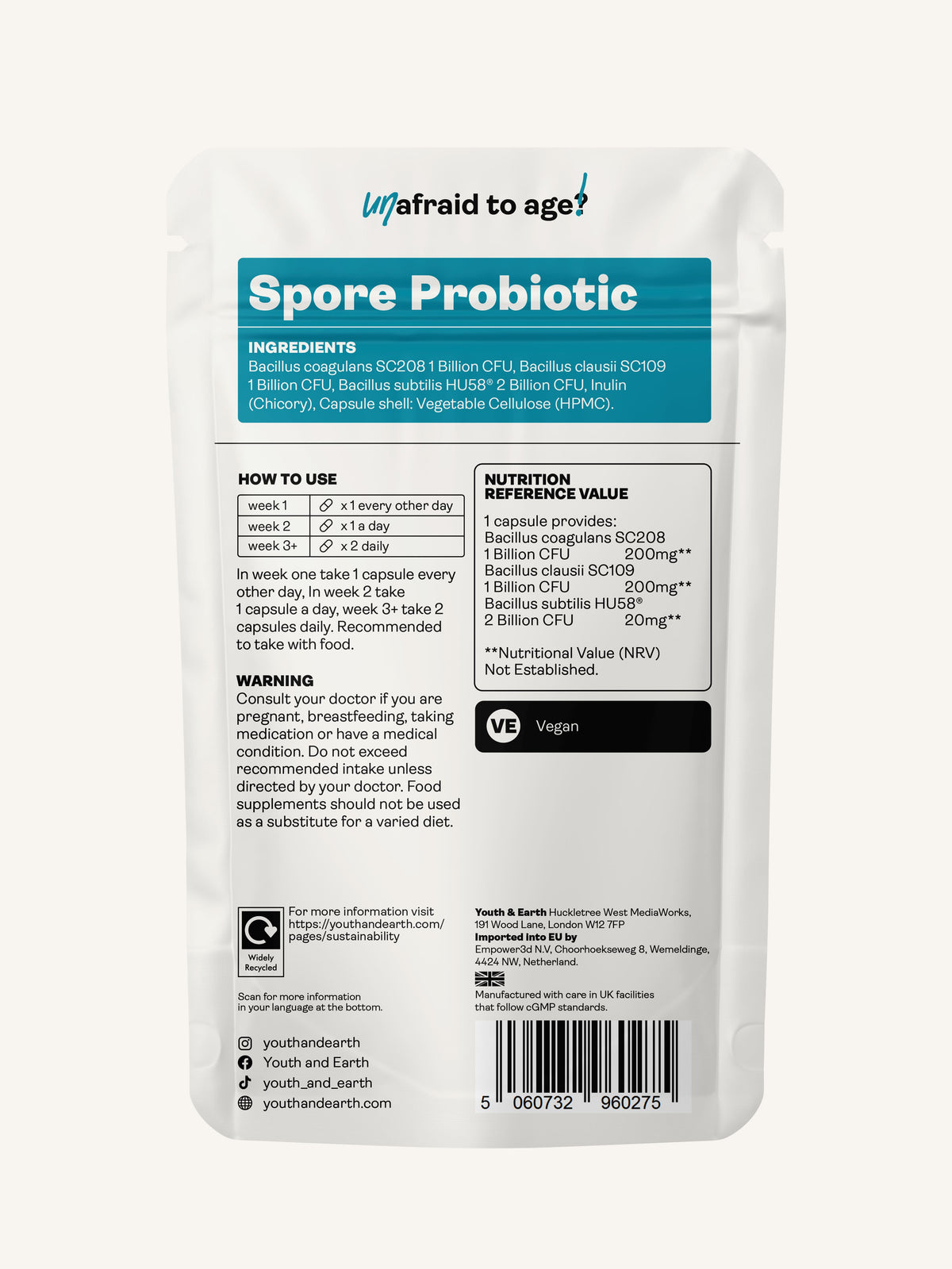 Spore Probiotic (Bacillus Subtilis HU58®, Coagulans SC208 &amp; Clausii SC109) 4 billion CFU count - 60 Capsules - Youth &amp; Earth UK Store - 