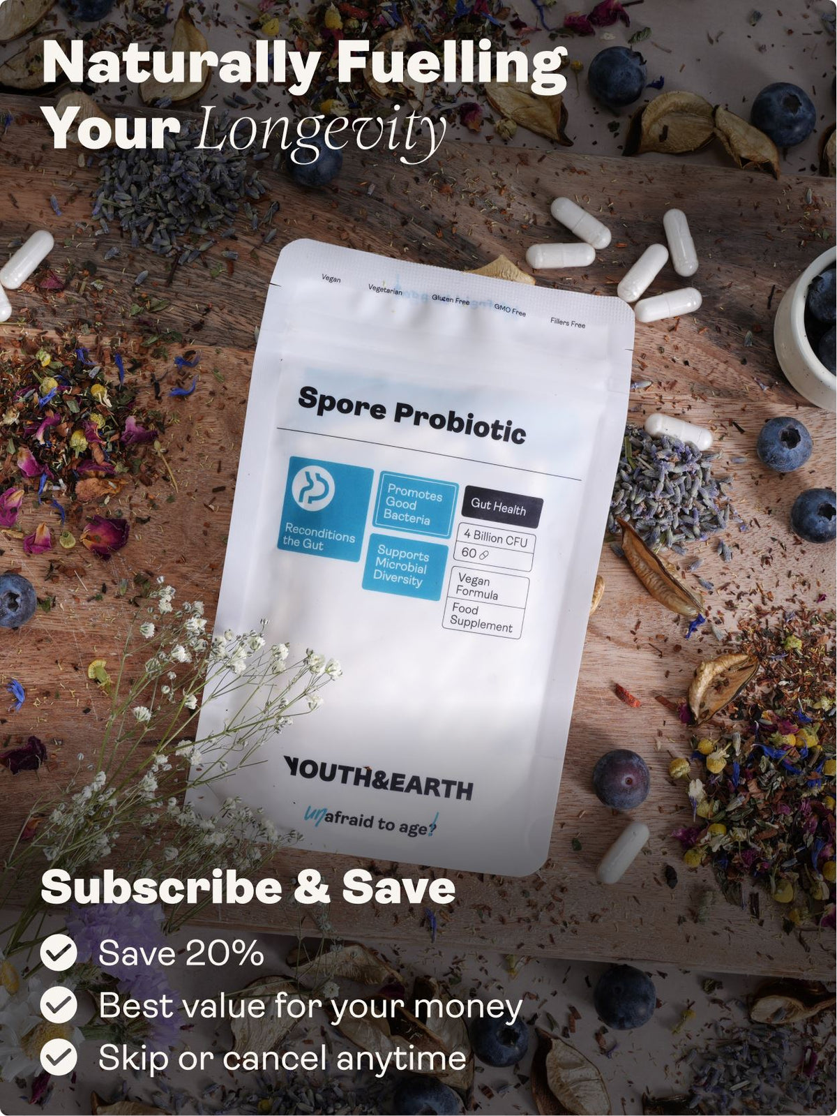 Spore Probiotic (Bacillus Subtilis HU58®, Coagulans SC208 &amp; Clausii SC109) 4 billion CFU count - 60 Capsules - Youth &amp; Earth UK Store - 