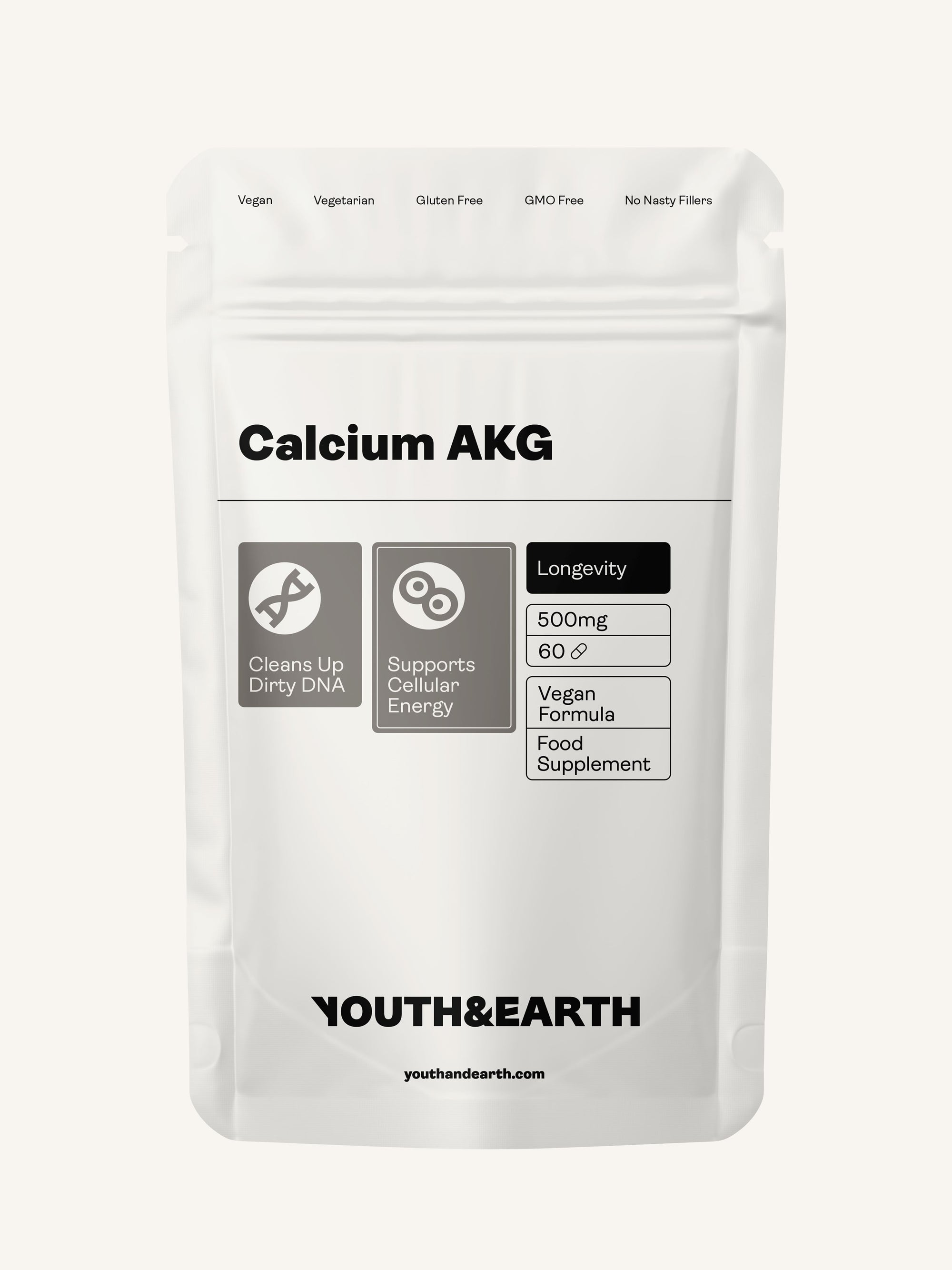 Calcium Alpha Keto-Glutarate (CALCIUM AKG) – 500mg x 60 Capsules Calcium Alpha Keto-Gluterate Youth & Earth 