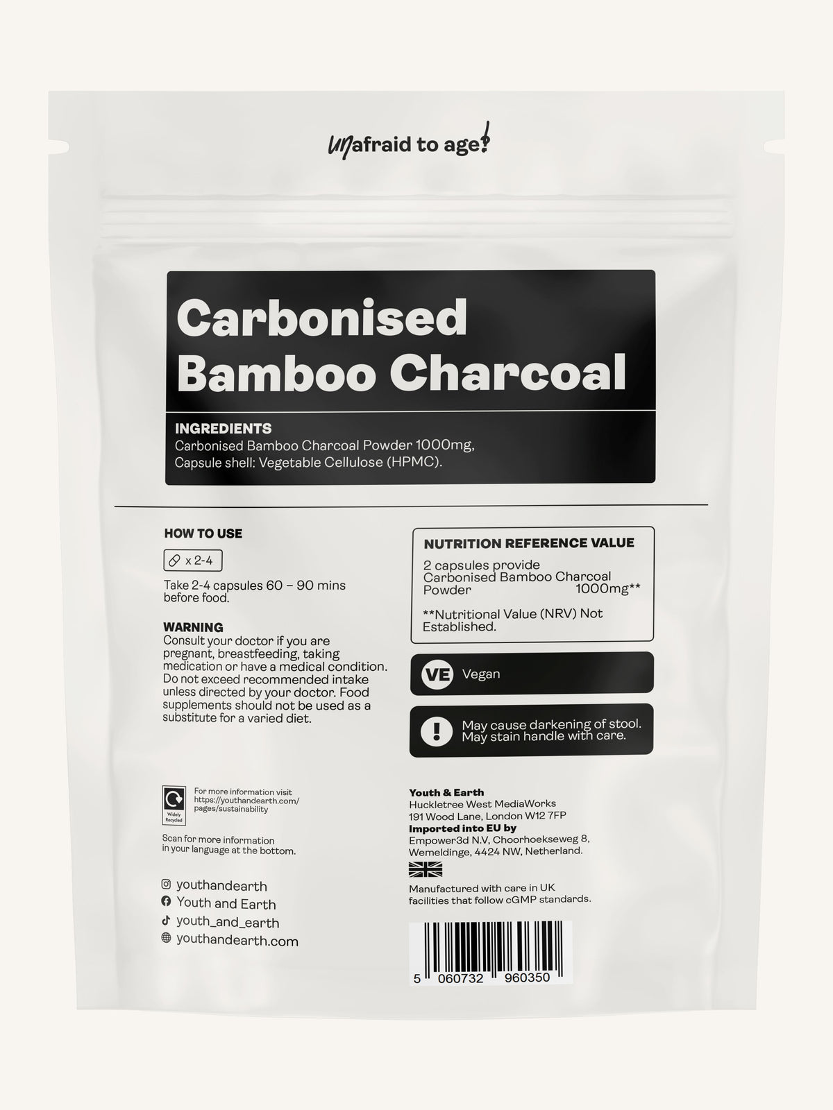 Charbon de Bambou Carbonisé - 500mg x 120 Capsules Vitamines & Suppléments Jeunesse & Terre 