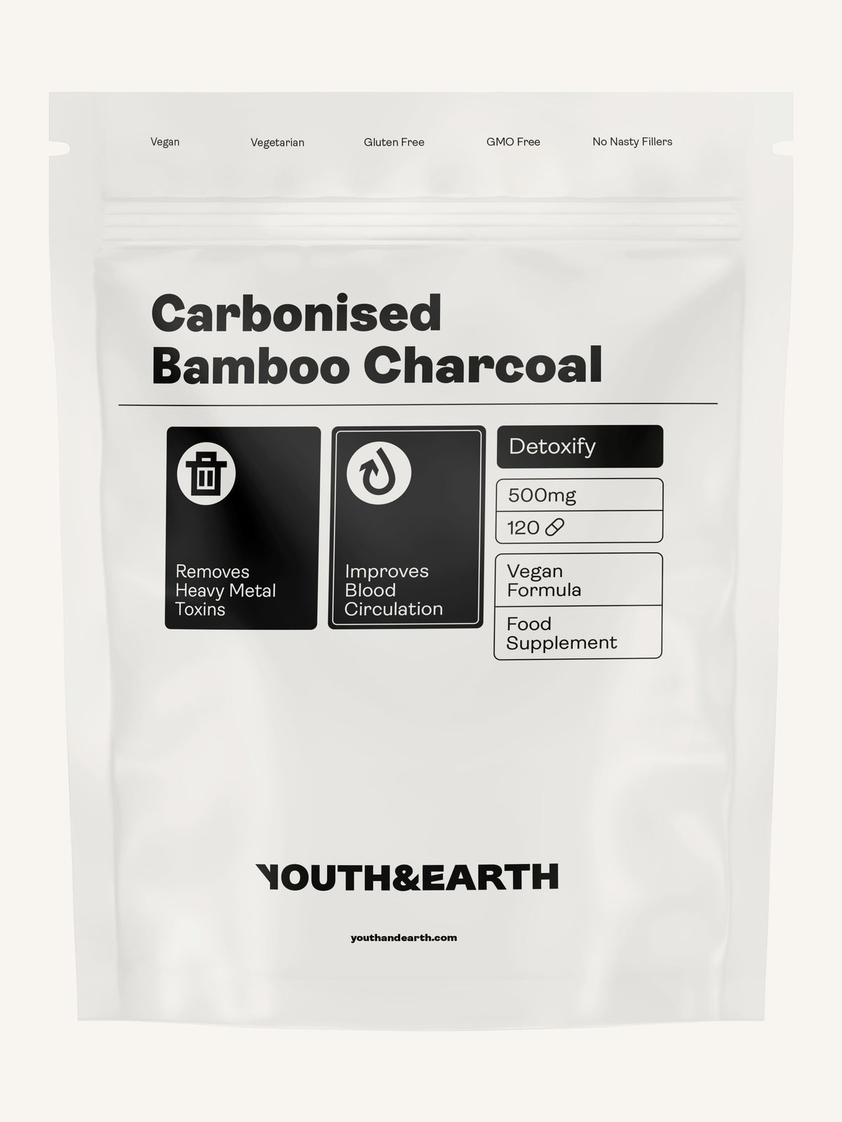 Carbonised Bamboo Charcoal – 500mg x 120 Capsules Vitamins &amp; Supplements Youth &amp; Earth 