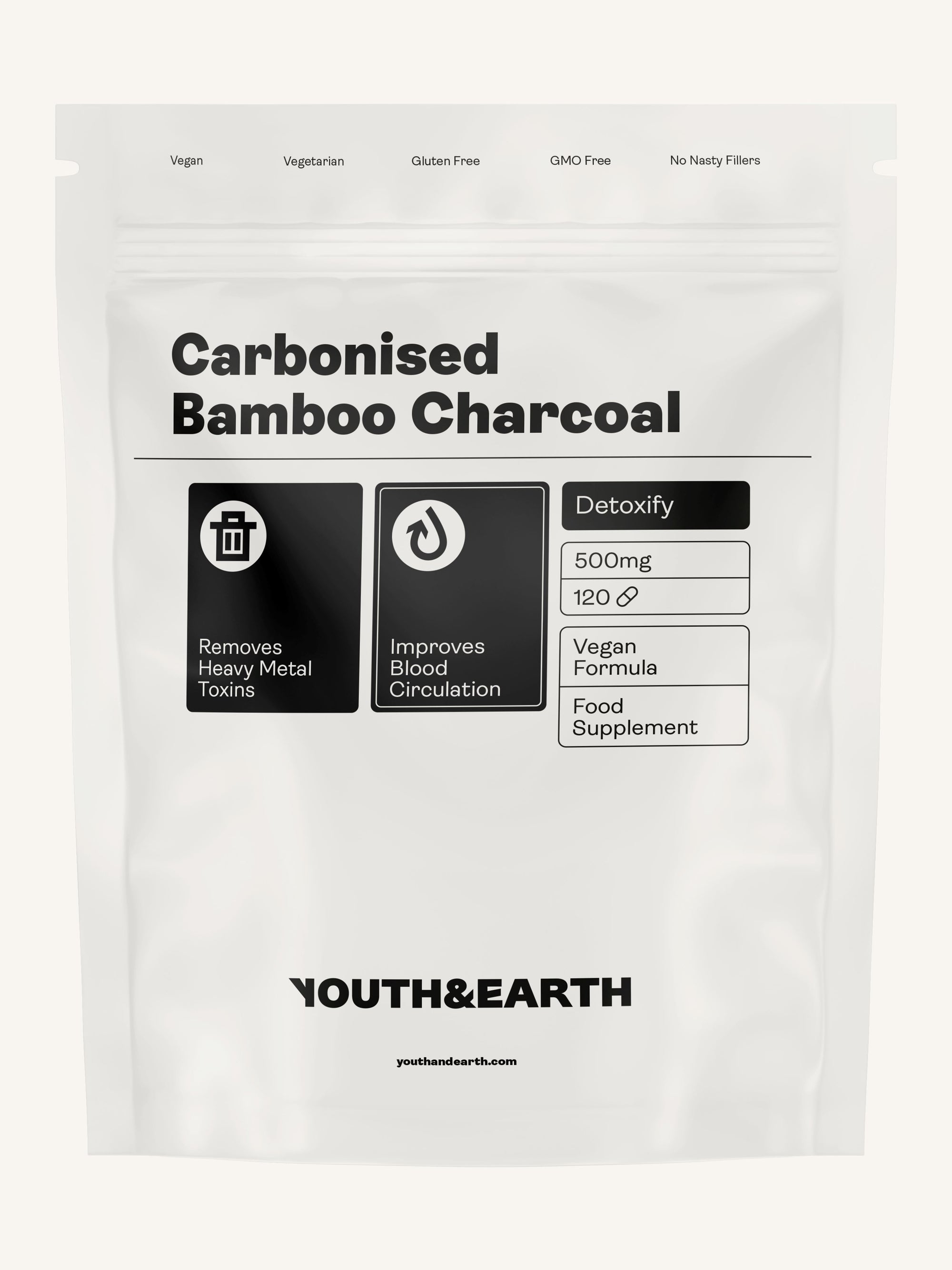 Carbonised Bamboo Charcoal – 500mg x 120 Capsules Vitamins & Supplements Youth & Earth 
