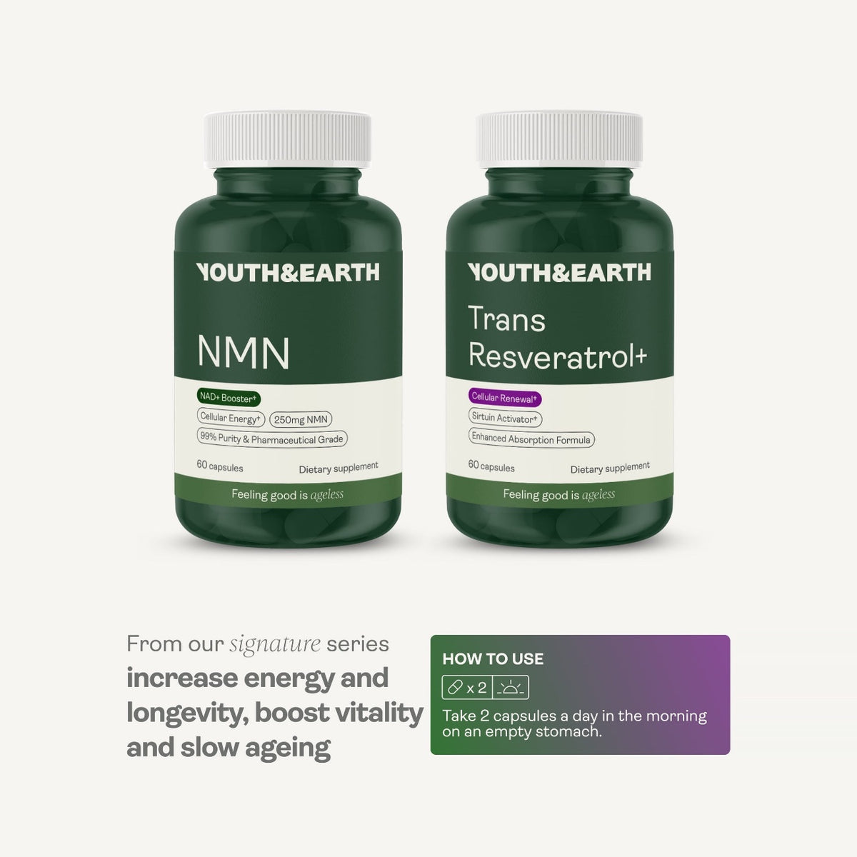 Cellular Energy Bundle, NMN Capsules and TransResveratrol+, Youth & Earth