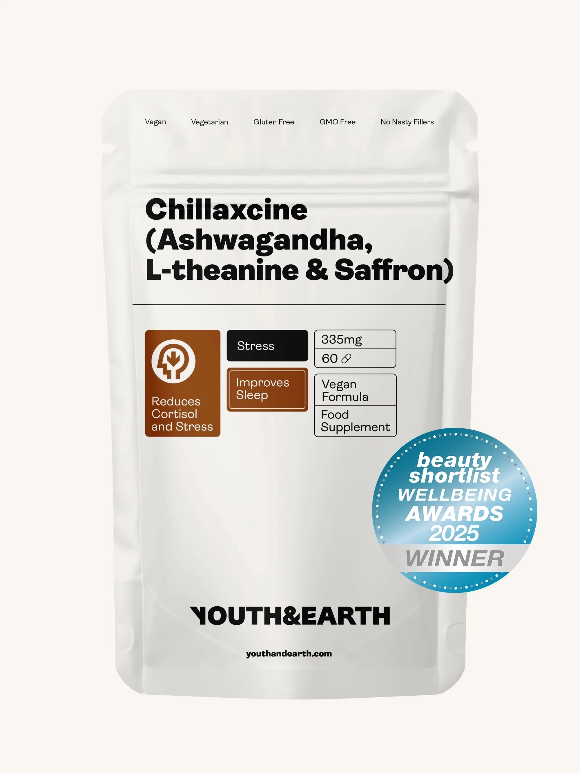 CHILLAXCINE (Ashwagandha, L-theanine & Saffron) 335mg, 60 Capsules Ashwagandha, L-theanine & Saffron Youth & Earth 