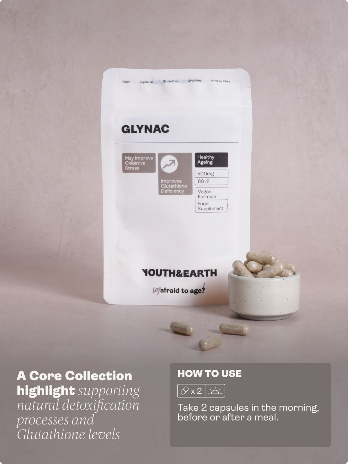 GLYNAC – 500mg x 60 Capsules NAC &amp; Glycine Youth &amp; Earth 