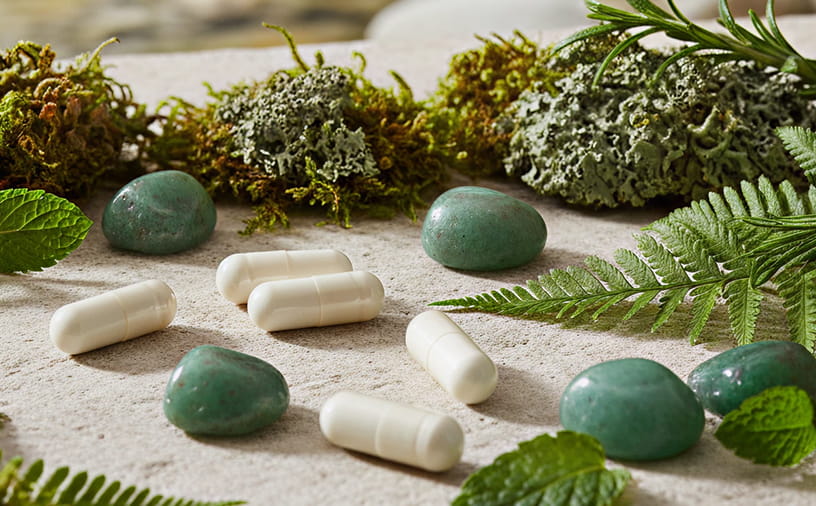 White capsules and green stones on a textured surface with greenery