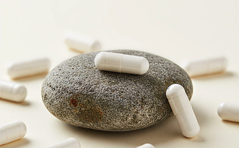 White capsules on a gray stone with more capsules scattered around on a light background