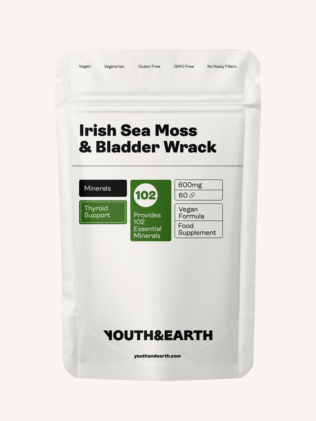 Irish Sea Moss &amp; Bladder Wrack – 600mg x 60 Capsules Irish Sea Moss &amp; Bladder Wrack Youth &amp; Earth 