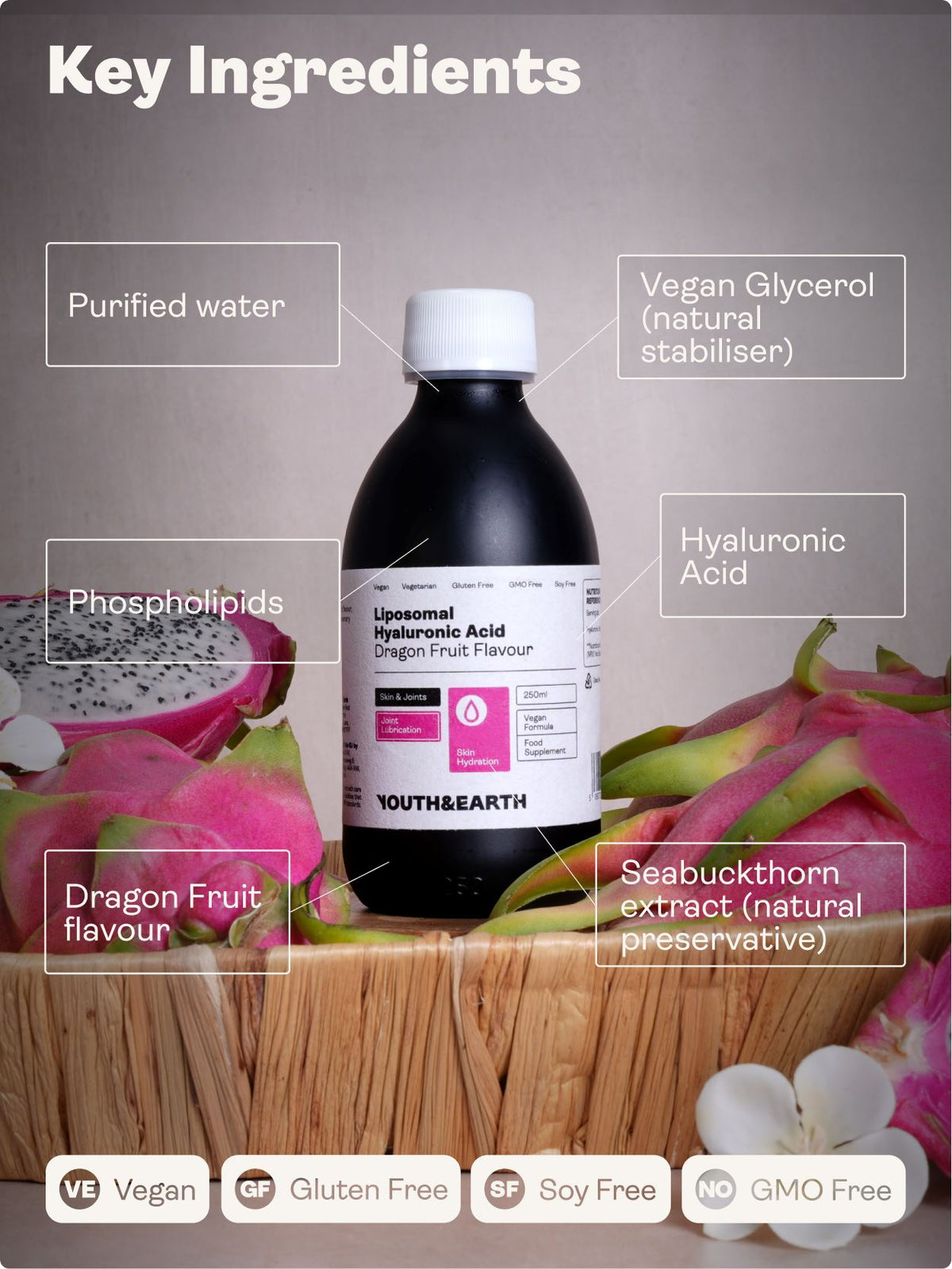 Liposomal Hyaluronic Acid 100mg – Dragon Fruit Flavour 250ml Liposomal Products Youth &amp; Earth 