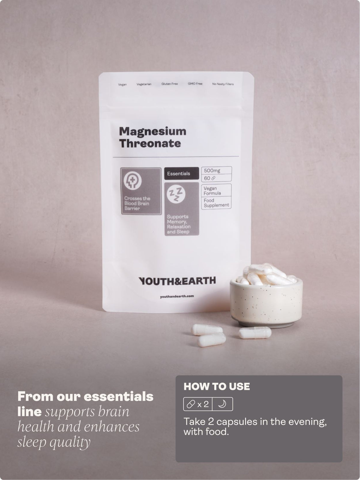 Magnesium Threonate 500mg x 60 Capsules Youth &amp; Earth 