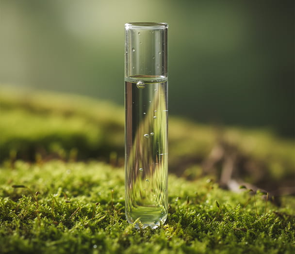 Clear glass bottle with liquid on a green mossy background