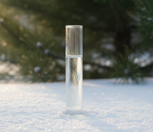 Clear glass tube with a reflective surface on a snowy ground with blurred greenery in the background