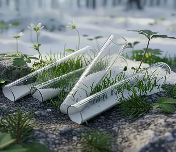 Clear glass test tubes on a natural background with greenery