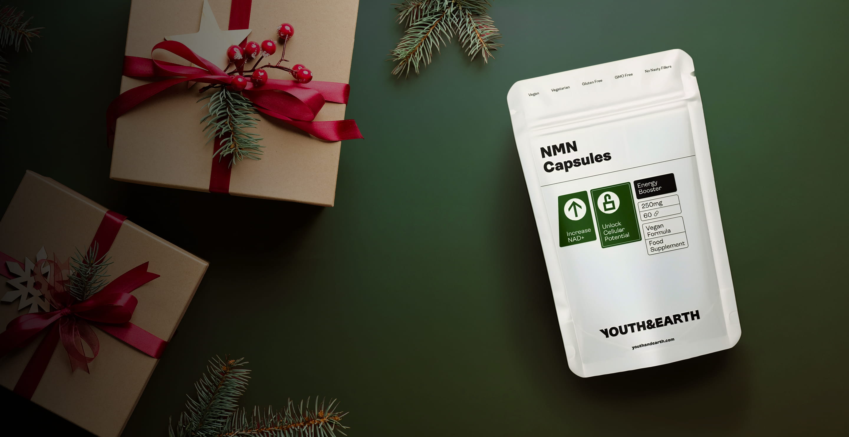 YOUTH&EARTH NMN Capsules packaging with Christmas gift boxes and decorations on a green background