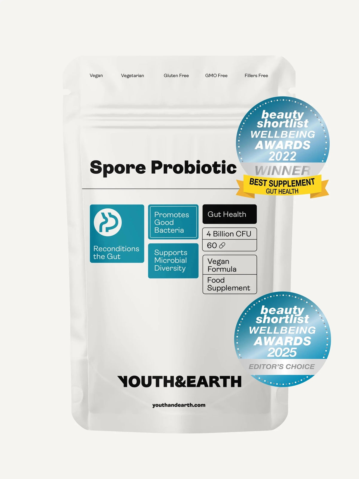 Spore Probiotic (Bacillus Subtilis HU58®, Coagulans SC208 &amp; Clausii SC109) 4 billion CFU count - 60 Capsules Youth &amp; Earth 