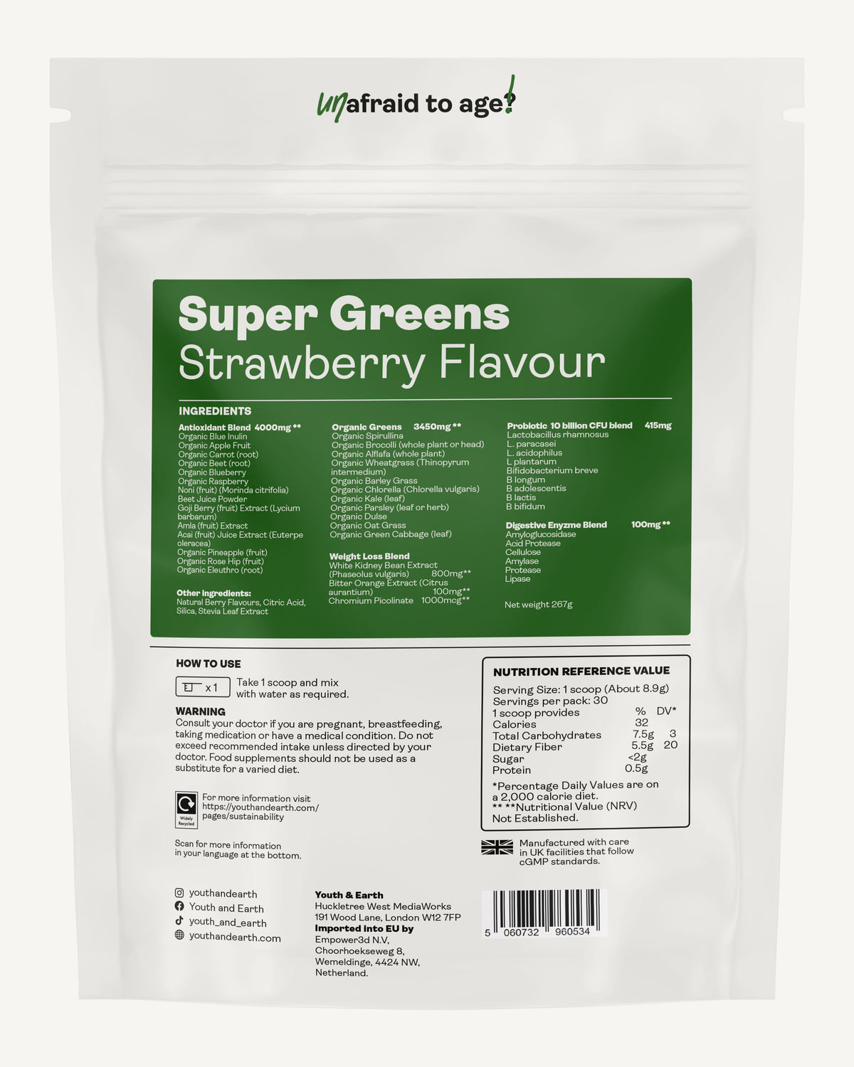 Super Greens Weight Management Formula Strawberry Flavour 267g x 30 servings Supplement youthandearth 