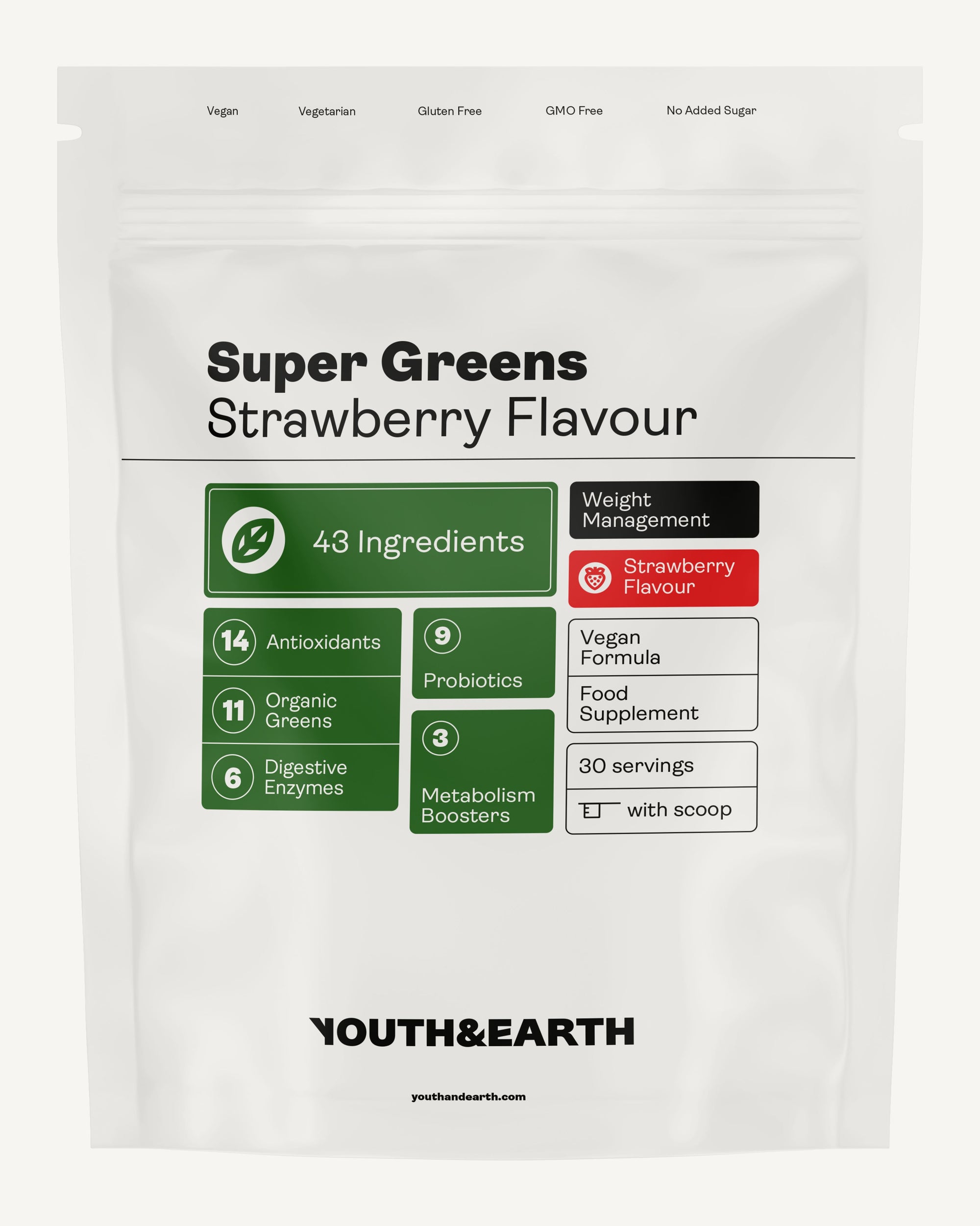Super Greens Weight Management Formula Strawberry Flavour 267g x 30 servings Supplement youthandearth 