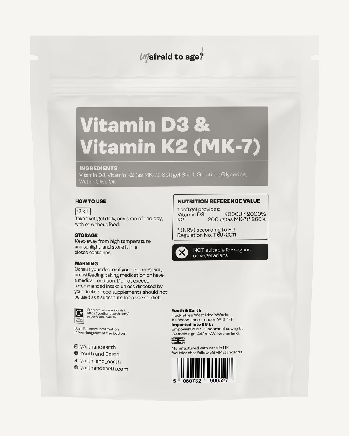 Vitamin D3 4000UI + K2 200mcg x 90 Softgels (3 months supply) youthandearth 