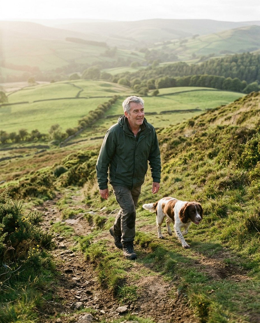 A man walking a spaniel up a steep grassy hill path