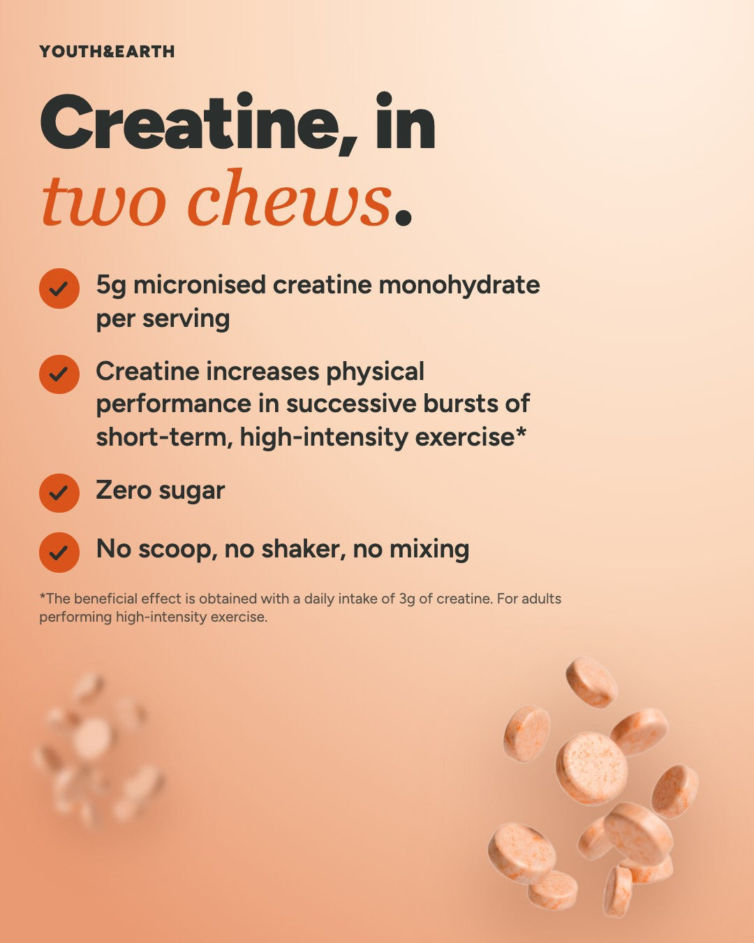 Creatine, in two chews. 5g micronised creatine monohydrate per serving, zero sugar, no scoop, no shaker, no mixing